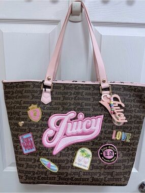 NWT Juicy Couture Juicy Run the World Tote in Taupe/Dk Brown w/ Pink Trim